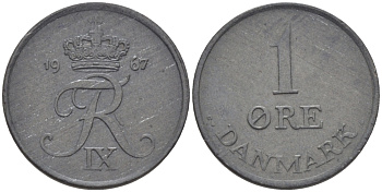 ДАНИЯ 1 ЭРЕ 1967 С; S, ФРЕДЕРИК IX (1947-1972) KM 839.2 цинк UNC 100-253