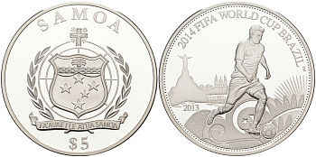 Самоа 5 тала 2013 FIFA, Чемпионат мира по футболу в Бразилии 2014 KM NEW серебро PROOF 11-127-11