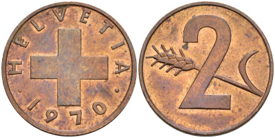Швейцария 2 раппена 1970 KM 47 бронза 4592-654