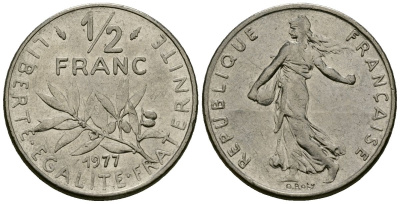 Франция 1/2 франка 1977 сеятель KM 931 никель 4135-715