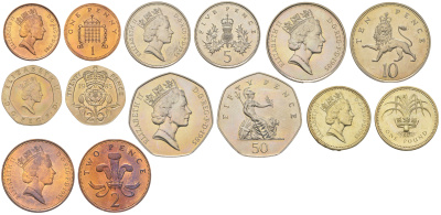Великобритания годовой набор из 7 монет (1, 2, 5, 10, 20 и 50 пенсов (пенни); 1 фунт) 1985 Елизавета II (1952-2022) KM 935, 936, 937, 938, 939, 940.1 и 941 UNC M65-17