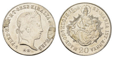 Венгрия 20 крейцеров 1832 KB, Фердинанд I (1835-1848), мадонна с младенцем, год-тип KM 432 серебро 1520-1532