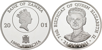 Замбия 1000 квача 2001 75 лет со дня рождения Елизаветы II, 21 апреля 2001, тираж 5000 экз. KM new серебро PROOF 1098-1-41