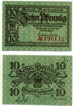 Ратенов 10 пфеннигов 1917 1 мая 1917, нотгельд, земля Бранденбург, текст коричневый Grabowski R8.1b бумага 2195-18-3-2