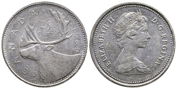 КАНАДА 25 ЦЕНТОВ 1980 ОЛЕНЬ, ЕЛИЗАВЕТА II KM 74 никель 4364-2046