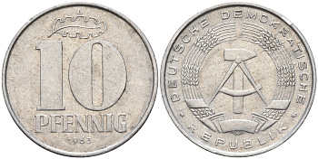 ГДР 10 пфеннигов 1963 A KM 10 алюминий 4143-732