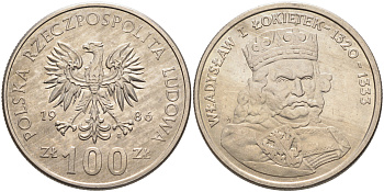Польша 100 злотых 1986 MW, серия польские правители, Владислав I Локетек (1320-1333) KM 160, Parchimowicz 413b медно-никель 4590-513