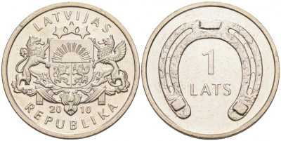 Латвия 1 лат 2010 подкова вниз KM 118 медно-никель UNC M18-02