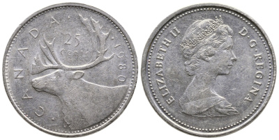 КАНАДА 25 ЦЕНТОВ 1980 ОЛЕНЬ, ЕЛИЗАВЕТА II KM 74 никель 4364-2046