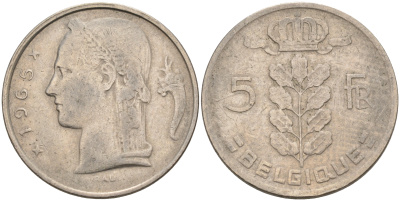 БЕЛЬГИЯ 5 ФРАНКОВ 1965 BELGIQUE KM 134.1 медно-никель 92-422