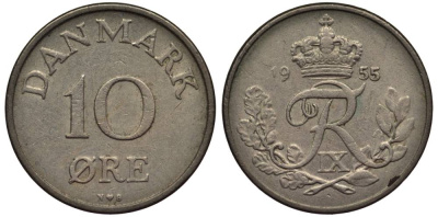 ДАНИЯ 10 ЭРЕ 1955 N; S, ФРЕДЕРИК IX (1947-1972) KM 841.1 медно-никель 4549-869