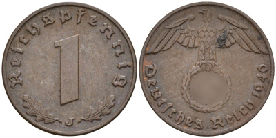 Германия 1 рейхспфенниг 1940 J KM 89, J. 361 бронза 4147-1234