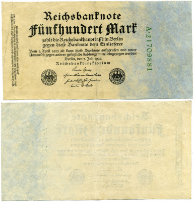 Германия 500 марок 1922 зеленая серия, 8 цифр в номере Pick 74 с  бумага 3295-71-1