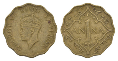 Индия 1 анна 1942 без отметки монетного двора	 - Калькутта KM 537a никель латунь 4625-766