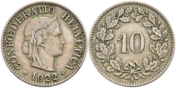 Швейцария 10 раппенов 1922 В KM 27 медно-никель 188-369