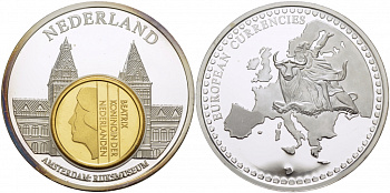 НИДЕРЛАНДЫ МЕДАЛЬ ND МОНЕТА НА МЕДАЛИ, СЕРИЯ ДОЕВРОВЫЕ ЕВРОПЕЙСКИЕ МОНЕТЫ, НИДЕРЛАНДЫ 25 ЦЕНТОВ 1997, АМСТЕРДАМ ГОСУДАРСТВЕННЫЙ МУЗЕЙ, ДИАМЕТР 40 ММ. серебрение PROOF 01-163-24