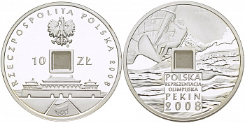 Польша 10 злотых 2008 XXIX Летние Олимпийские игры 2008 года в Пекине, виндсерфинг, стилизованная под старинный кэш KM 646 серебро PROOF 1084-7-31