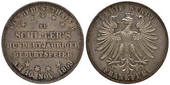Франкфурт 1 талер 1859 100 лет со дня рождения Фридриха Шиллера AKS 43; Dav. 650; Kahnt 167; Thun 139, KM 359 серебро UNC 00-814-26