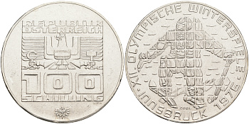 Австрия 100 шиллингов 1974 XII зимние Олимпийские игры в Инсбруке, лыжник KM 2928 серебро 4552-1031