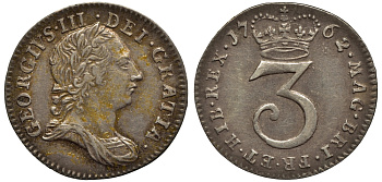 Великобритания 3 пенса 1762 Георг III (1760-1820) KM 591, Spink 3753 серебро 1523-1212