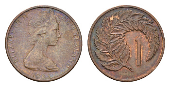 Новая Зеландия 1 цент 1983 Елизавета II (1952-2022), лист папоротника KM 31.1 бронза 4655-232