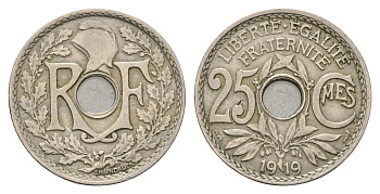 Франция 25 сантимов 1919 KM 867a, Le Franc 171.7 медно-никель 3856-311