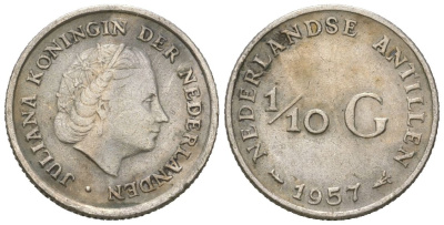 Нидерландские Антилы 1/10 гульдена 1957 KM 3 серебро 188-143