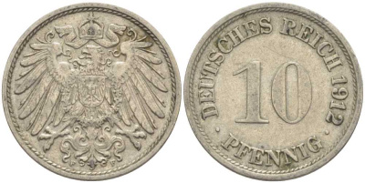 ГЕРМАНИЯ 10 ПФЕННИГОВ 1912 F KM 12, J. 13 медно-никель 210-711