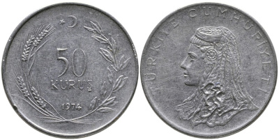 Турция 50 курушей 1974 Анатолийская невеста KM 899 нержавеющая сталь 4541-923