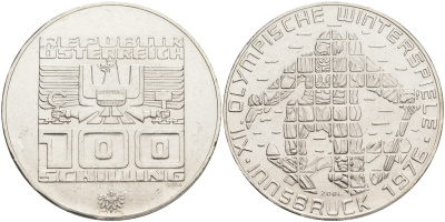 Австрия 100 шиллингов 1974 XII зимние Олимпийские игры в Инсбруке, лыжник KM 2928 серебро 4552-1031