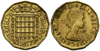Великобритания 3 пенса 1967 Елизавета II (1952-2022) KM 900, Spink 4153 никель латунь 25-2325