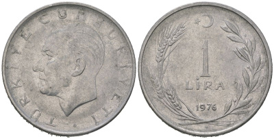 Турция 1 лира 1976 KM 889a.2 нержавеющая сталь 4582-355