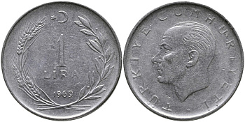 Турция 1 лира 1959 Мустафа Кемаль Ататюрк KM 889а.1 нержавеющая сталь 4541-231