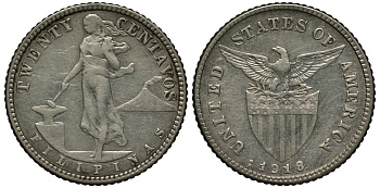 Филиппины 20 сентаво 1918 S, вес 3,93 гр. KM 170 серебро    272-111