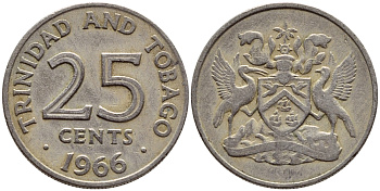 Тринидад и Тобаго 25 центов 1966 герб KM 4 медно-никель 4396-635