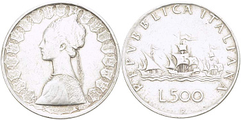 Италия 500 лир 1960 R, корабли Колумба KM 98 серебро 4531-126