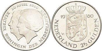 Нидерланды 2 1/2 гульдена 1980 коронация Беатрикс, 30 апреля 1980 KM 201 никель 4593-611