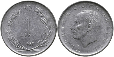 Турция 1 лира 1959 Мустафа Кемаль Ататюрк KM 889а.1 нержавеющая сталь 4541-231