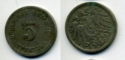 ГЕРМАНИЯ 5 ПФЕННИГОВ 1900 A, KM 11, J. 12 медно-никель 58-1157