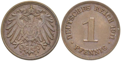 ГЕРМАНИЯ 1 ПФЕННИГ 1911 D KM 10, J. 10, Weege 2 медь 211-436