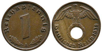 Германия 1 рейхспфенниг 1938 A KM 89, J. 361 бронза    220-264