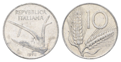 Италия 10 лир 1978 R, плуг, колосья KM 93 алюминий 4704-551