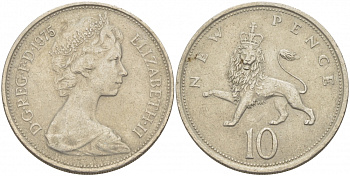 Великобритания 10 пенсов 1975 Елизавета II (1952-2022) KM 912, Spink 4231 (F1) медно-никель  4403-723