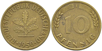 ФРГ 10 ПФЕННИГОВ 1950 J KM 108, J. 383 сталь плакированная латунью 175-736