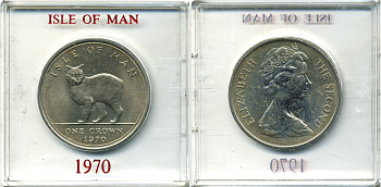 Остров Мэн 1 крона 1970 кошка Мэна, в оригинальной пластиковой коробке KM 18 медно-никель UNC 6-6-1-49