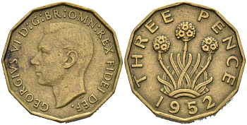 Великобритания 3 пенса 1952 Георг VI (1937-1952) KM 873, Spink 4113 никель латунь 4561-1017