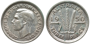 Австралия 3 пенса 1950 m, Георг VI (1937-1952), без букв KM 44 серебро 71-253