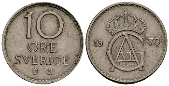 Швеция 10 эре 1970 Густав VI Адольф (1950-1973) KM 835 медно-никель 4173-738