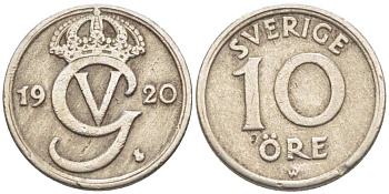 Швеция 10 эре 1920 W, Густав V (1907-1950) KM 795 никель бронза 116-1159