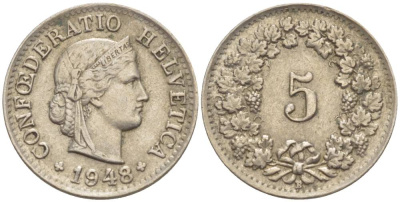 ШВЕЙЦАРИЯ 5 РАППЕНОВ 1948 В KM 26 медно-никель 4532-944